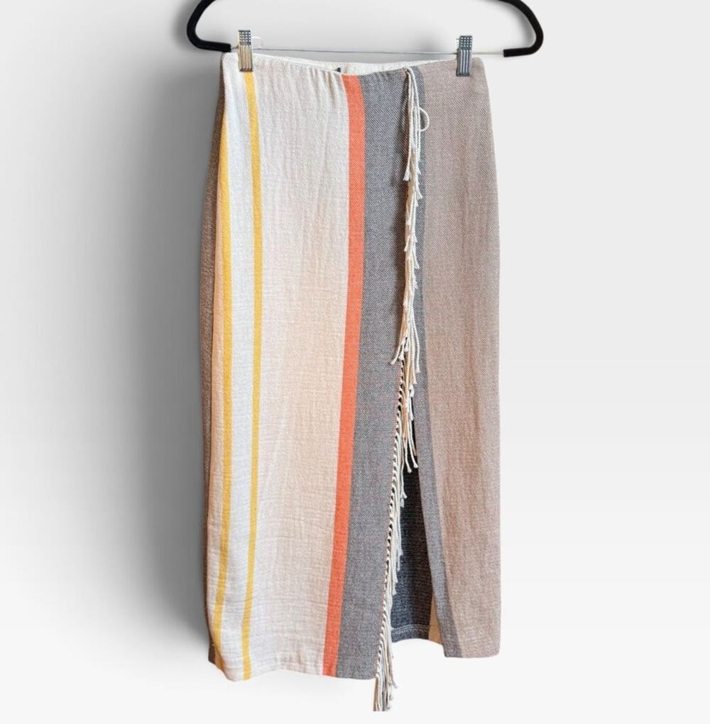 ZARA Striped Wrap Midi Skirt XS Fringe Tassel Boho Linen Look NWT